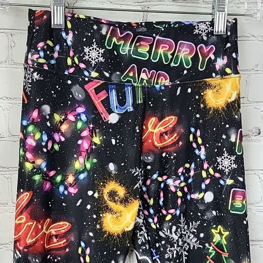 Justice Girls 12 Black Neon Lights Christmas Legging Holiday Print Yoga Pant